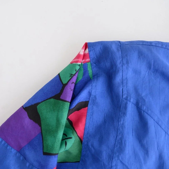 Vintage TanJay Blue Nylon Pink & Green Abstract Design Light Bomber Jacket XS - Picture 12 of 14